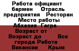 Работа официант, бармен  › Отрасль предприятия ­ Ресторан  › Место работы ­ Абхазия. Гагра  › Возраст от ­ 18 › Возраст до ­ 35 - Все города Работа » Вакансии   . Крым,Армянск